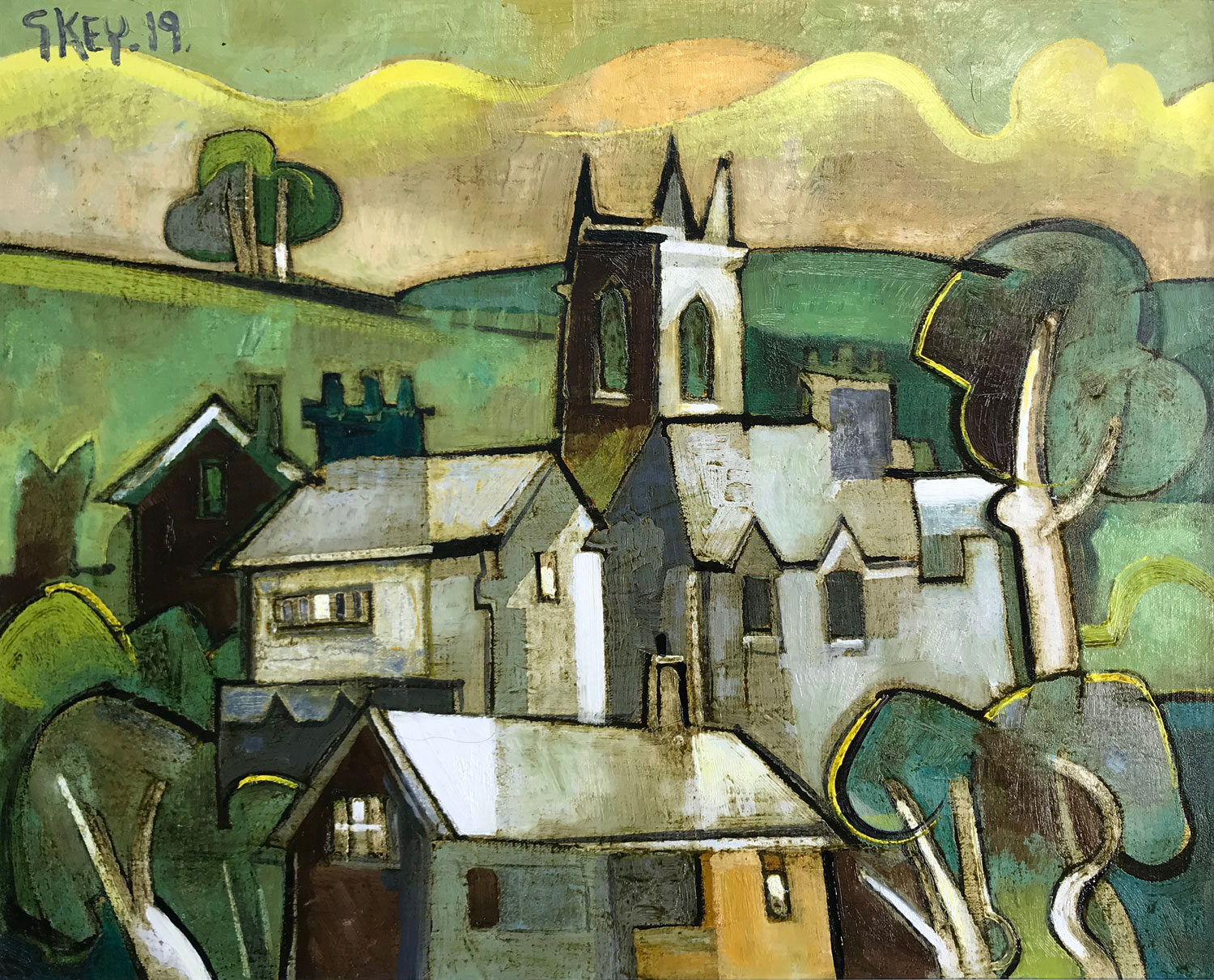 Geoffrey Key Village Church Original Oil Painting for Sale 2