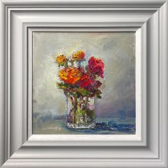 Judith Donaghy Red & Gold Roses in a Crystal Vase Original Painting